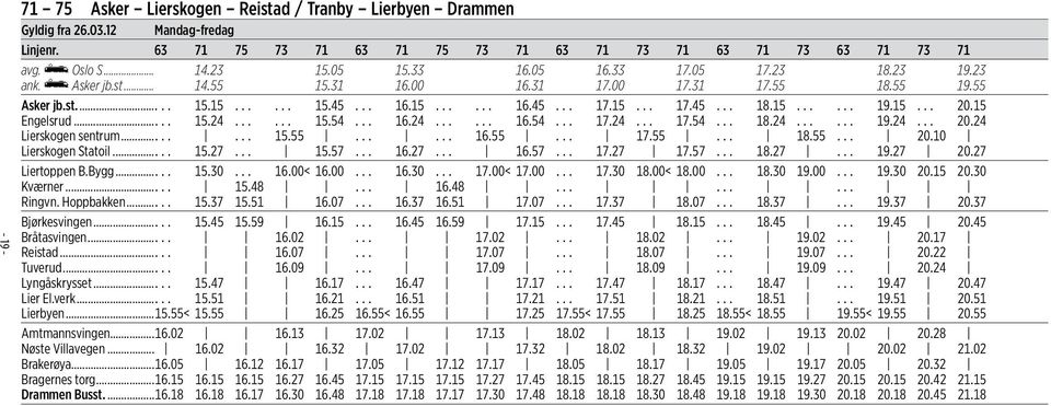 15 Engelsrud..... 15.24...... 15.54... 16.24...... 16.54... 17.24... 17.54... 18.24...... 19.24... 20.24 Lierskogen sentrum........ 15.55...... 16.55... 17.55... 18.55... 20.10 Lierskogen Statoil..... 15.27.