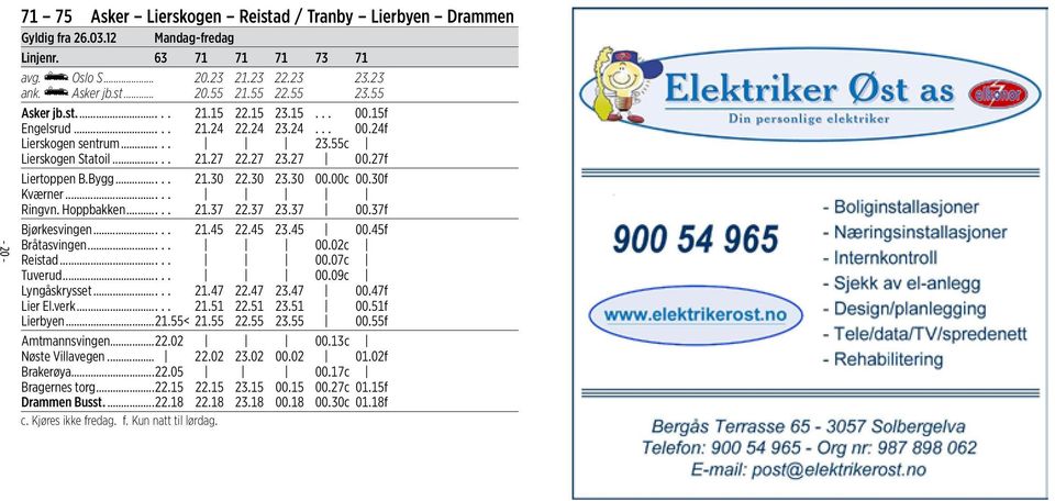 Bygg..... 21.30 22.30 23.30 00.00c 00.30f Kværner..... Ringvn. Hoppbakken..... 21.37 22.37 23.37 00.37f Bjørkesvingen..... 21.45 22.45 23.45 00.45f Bråtasvingen..... 00.02c Reistad..... 00.07c Tuverud.