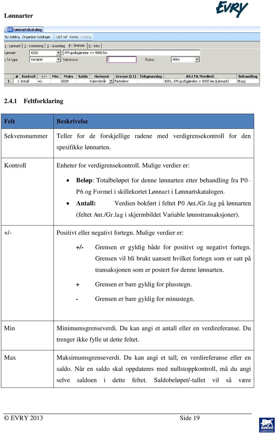 lag på lønnarten (feltet Ant./Gr.lag i skjermbildet Variable lønnstransaksjoner). +/- Positivt eller negativt fortegn. Mulige verdier er: +/- Grensen er gyldig både for positivt og negativt fortegn.