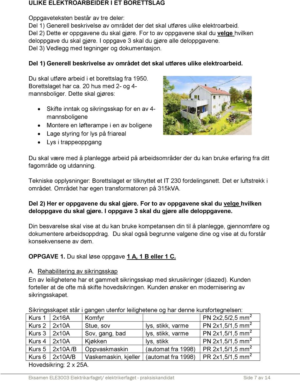 Del 1) Generell beskrivelse av området det skal utføres ulike elektroarbeid. Du skal utføre arbeid i et borettslag fra 1950. Borettslaget har ca. 20 hus med 2- og 4- mannsboliger.