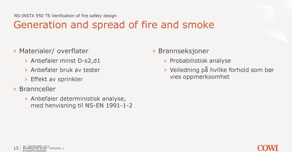 sprinkler Brannceller Anbefaler deterministisk analyse, med henvisning til NS-EN 1991-1-2