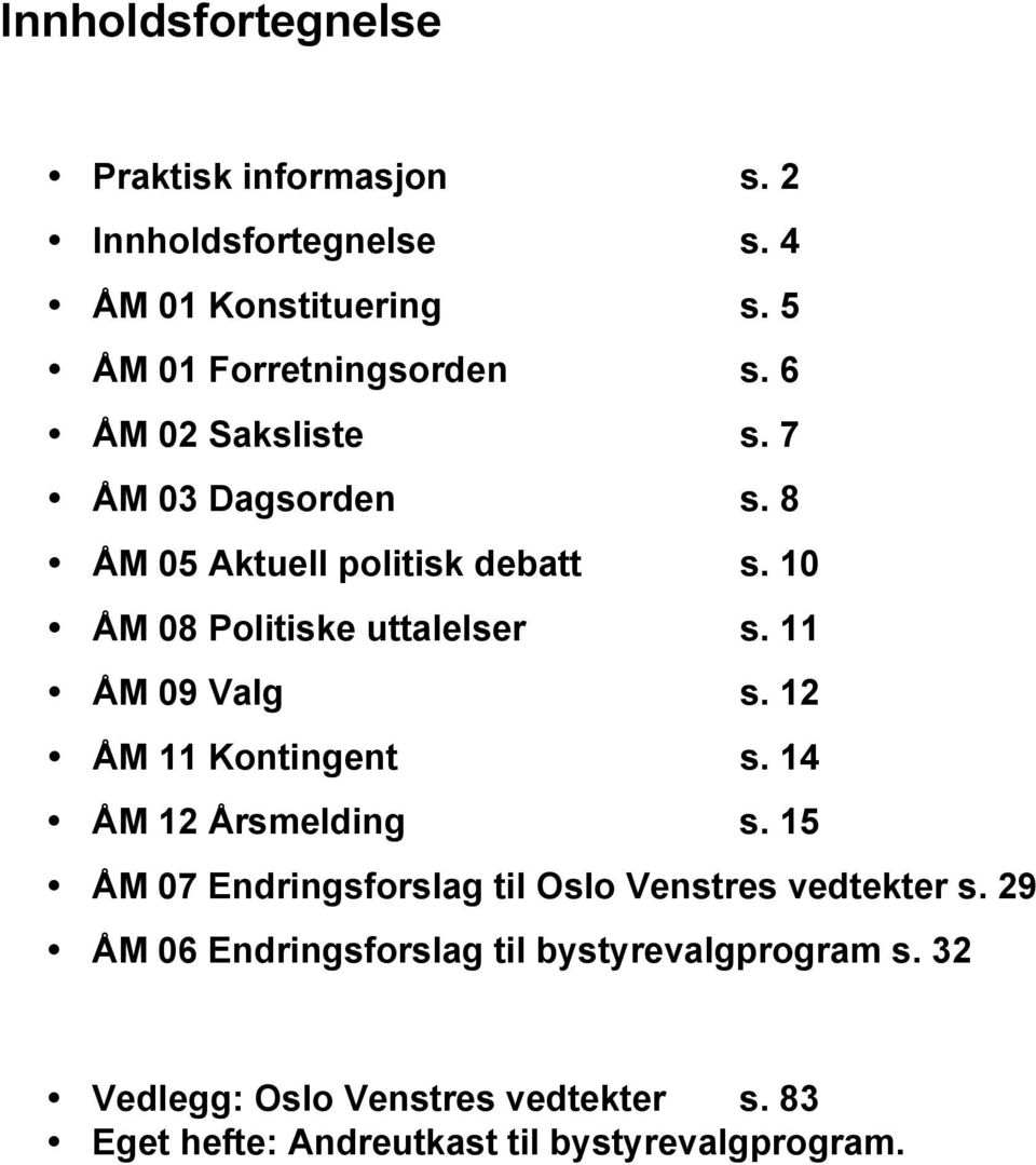 11 ÅM 09 Valg s. 12 ÅM 11 Kontingent s. 14 ÅM 12 Årsmelding s. 15 ÅM 07 Endringsforslag til Oslo Venstres vedtekter s.