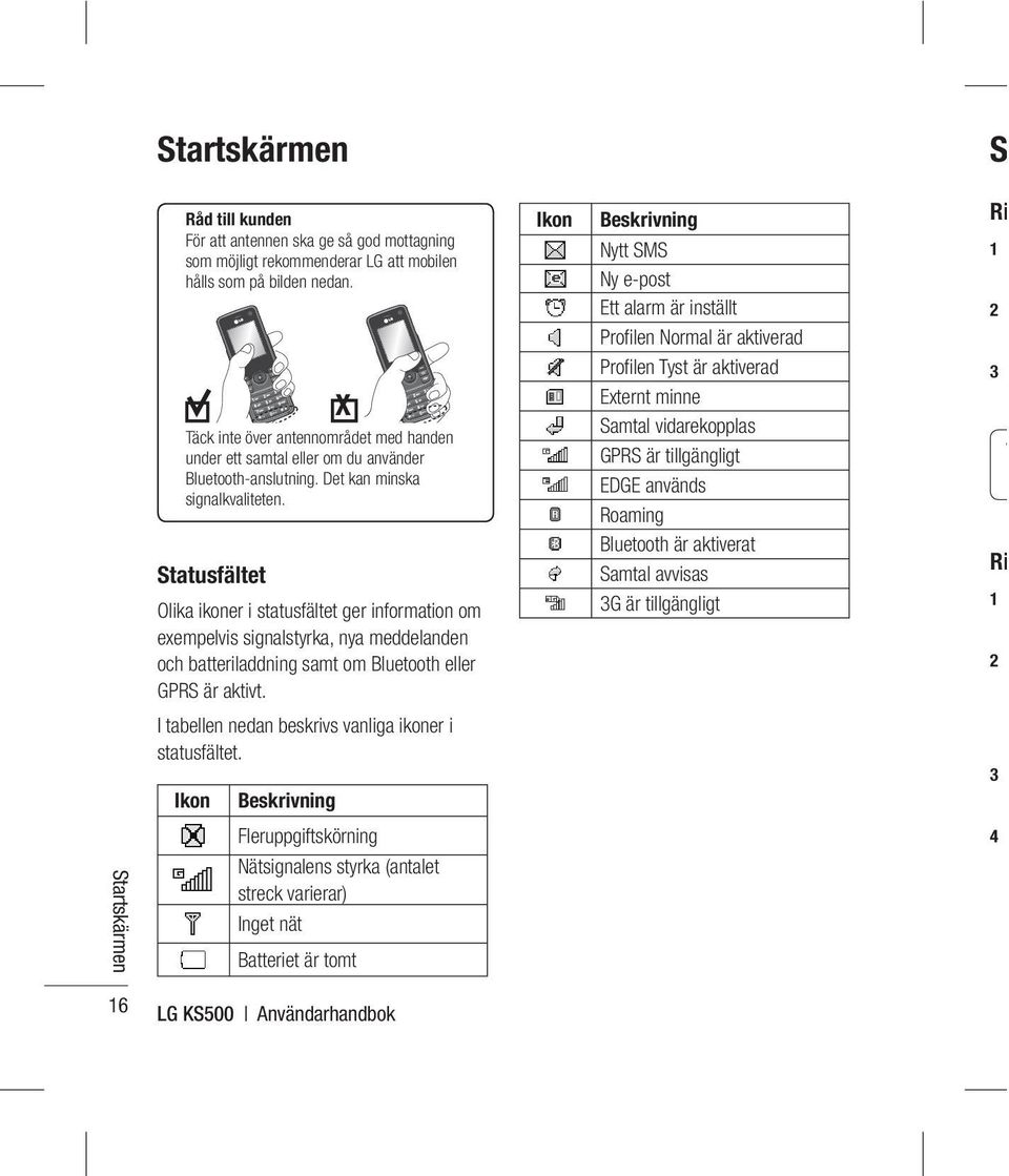 Statusfältet Olika ikoner i statusfältet ger information om exempelvis signalstyrka, nya meddelanden och batteriladdning samt om Bluetooth eller GPRS är aktivt.