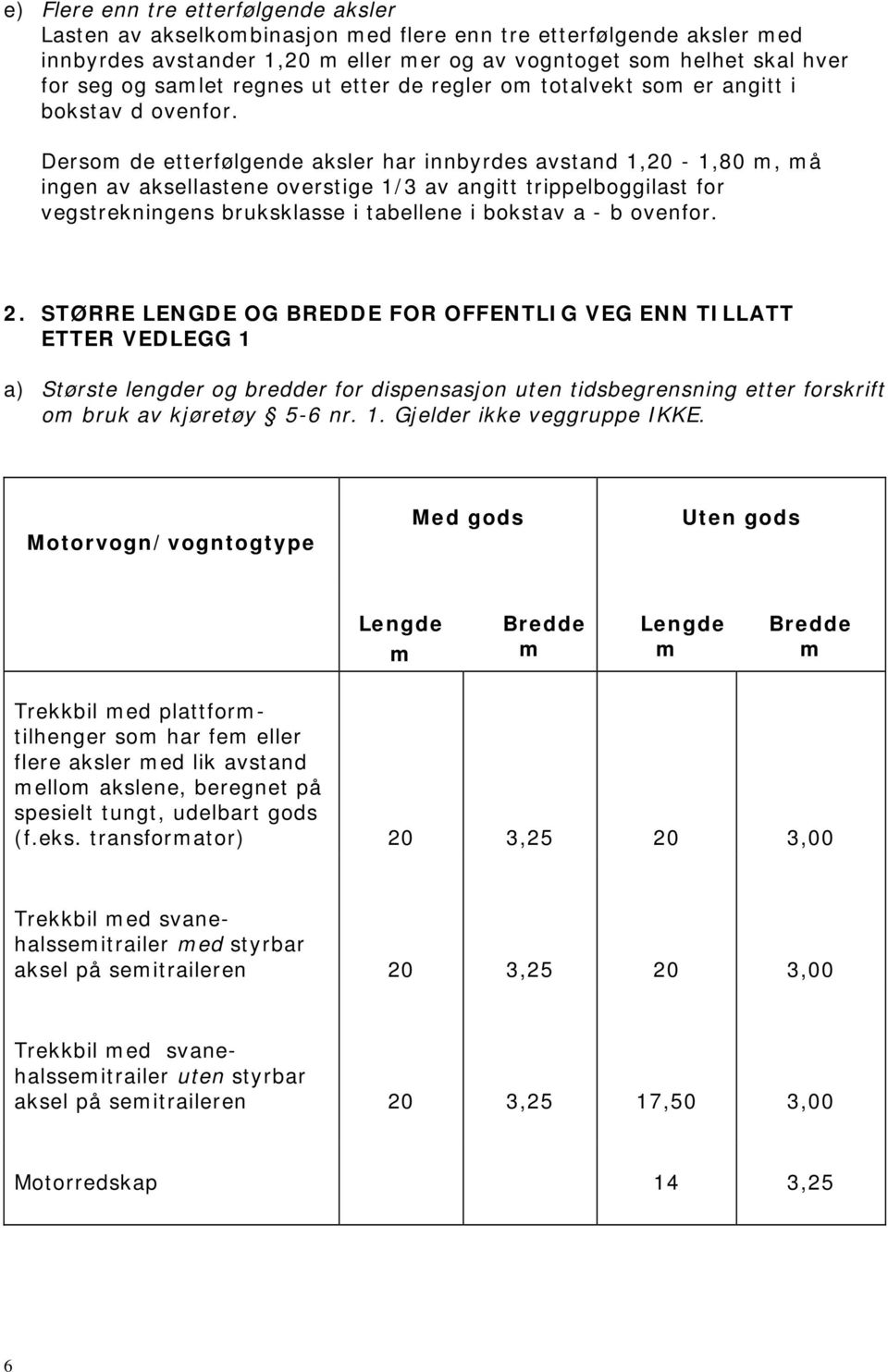 Dersom de etterfølgende aksler har innbyrdes avstand 1,20-1,80 m, må ingen av aksellastene overstige 1/3 av angitt trippelboggilast for vegstrekningens bruksklasse i tabellene i bokstav a - b ovenfor.