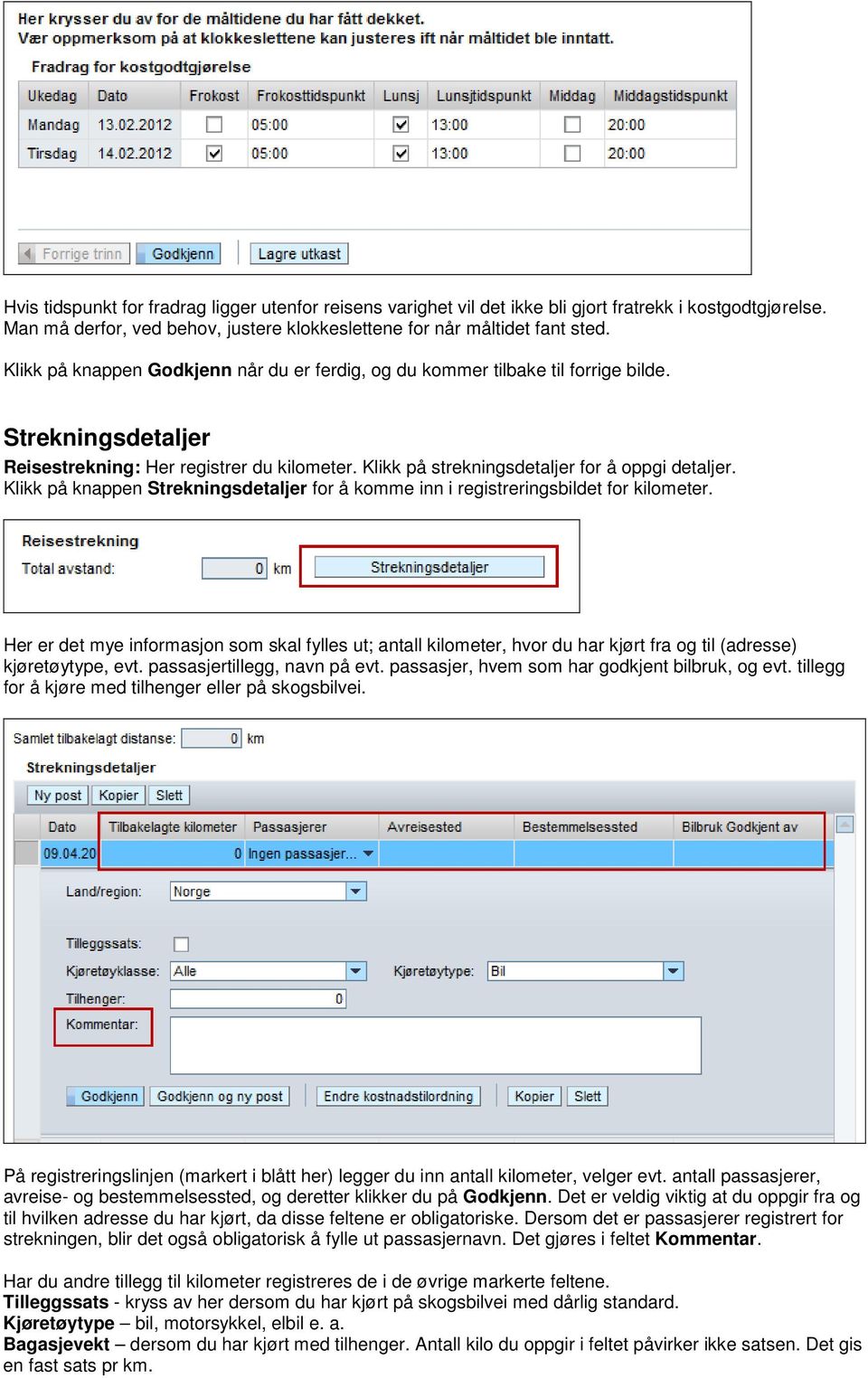 Klikk på knappen Strekningsdetaljer for å komme inn i registreringsbildet for kilometer.