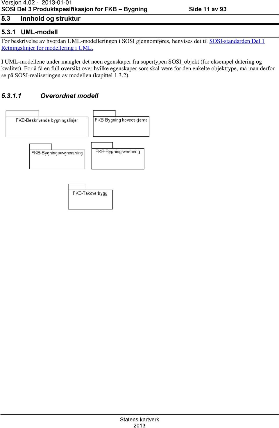 5.3 Innhold og struktur 5.3.1 UML-modell For beskrivelse av hvordan UML-modelleringen i SOSI gjennomføres, henvises det til SOSI-standarden