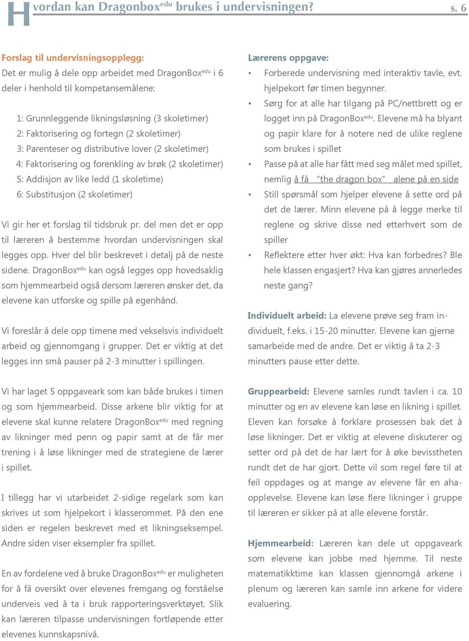 Faktorisering og fortegn (2 skoletimer) 3: Parenteser og distributive lover (2 skoletimer) 4: Faktorisering og forenkling av brøk (2 skoletimer) 5: Addisjon av like ledd (1 skoletime) 6: Substitusjon