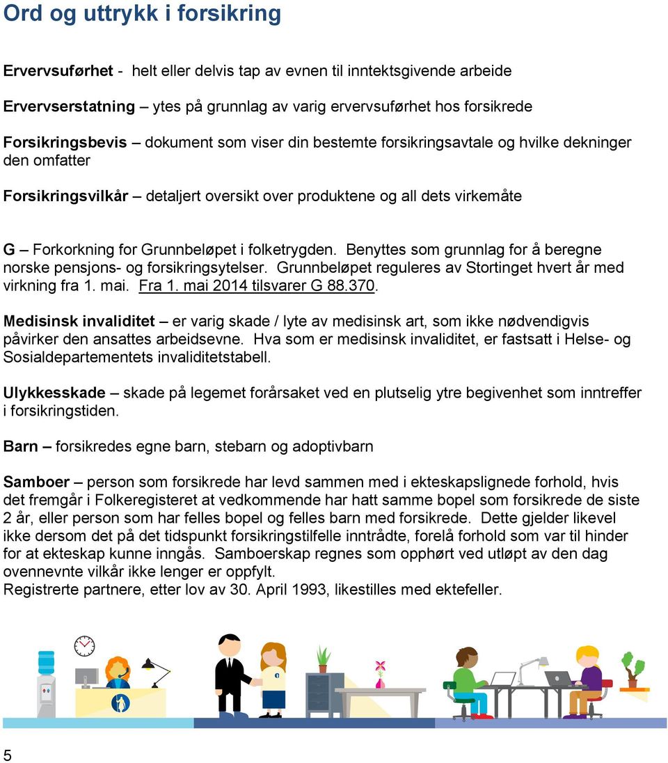 folketrygden. Benyttes som grunnlag for å beregne norske pensjons- og forsikringsytelser. Grunnbeløpet reguleres av Stortinget hvert år med virkning fra 1. mai. Fra 1. mai 2014 tilsvarer G 88.370.