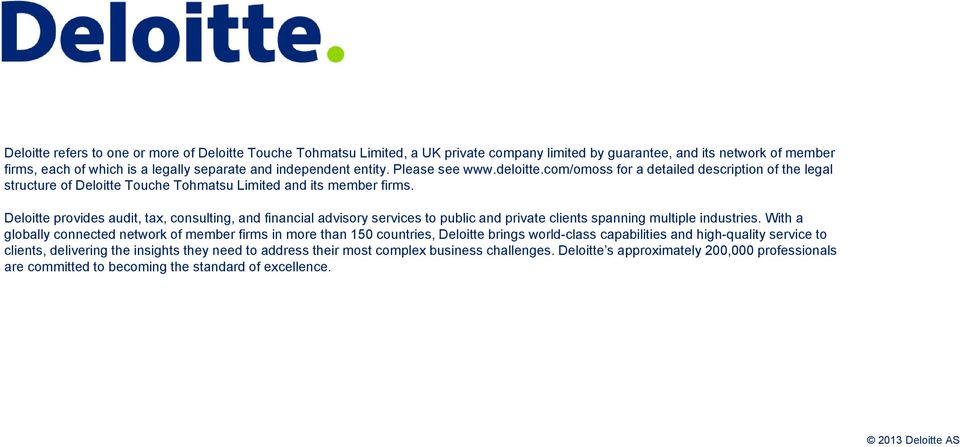 Deloitte provides audit, tax, consulting, and financial advisory services to public and private clients spanning multiple industries.