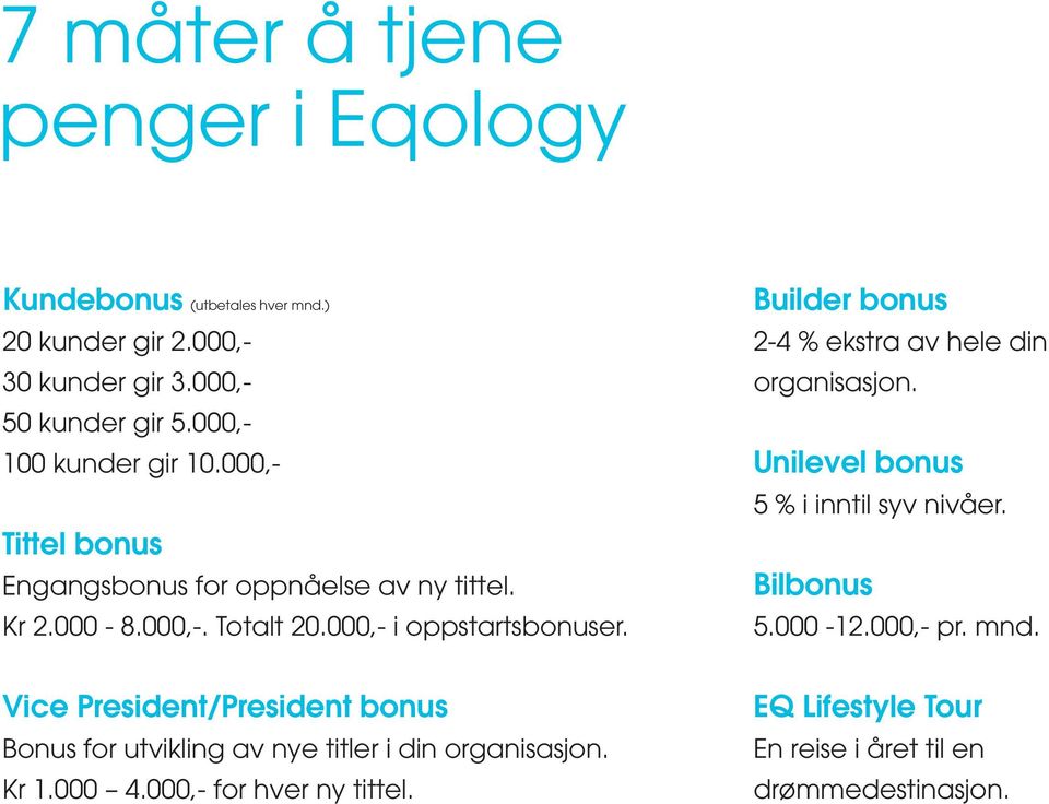 Builder bonus 2-4 % ekstra av hele din organisasjon. Unilevel bonus 5 % i inntil syv nivåer. Bilbonus 5.000-12.000,- pr. mnd.