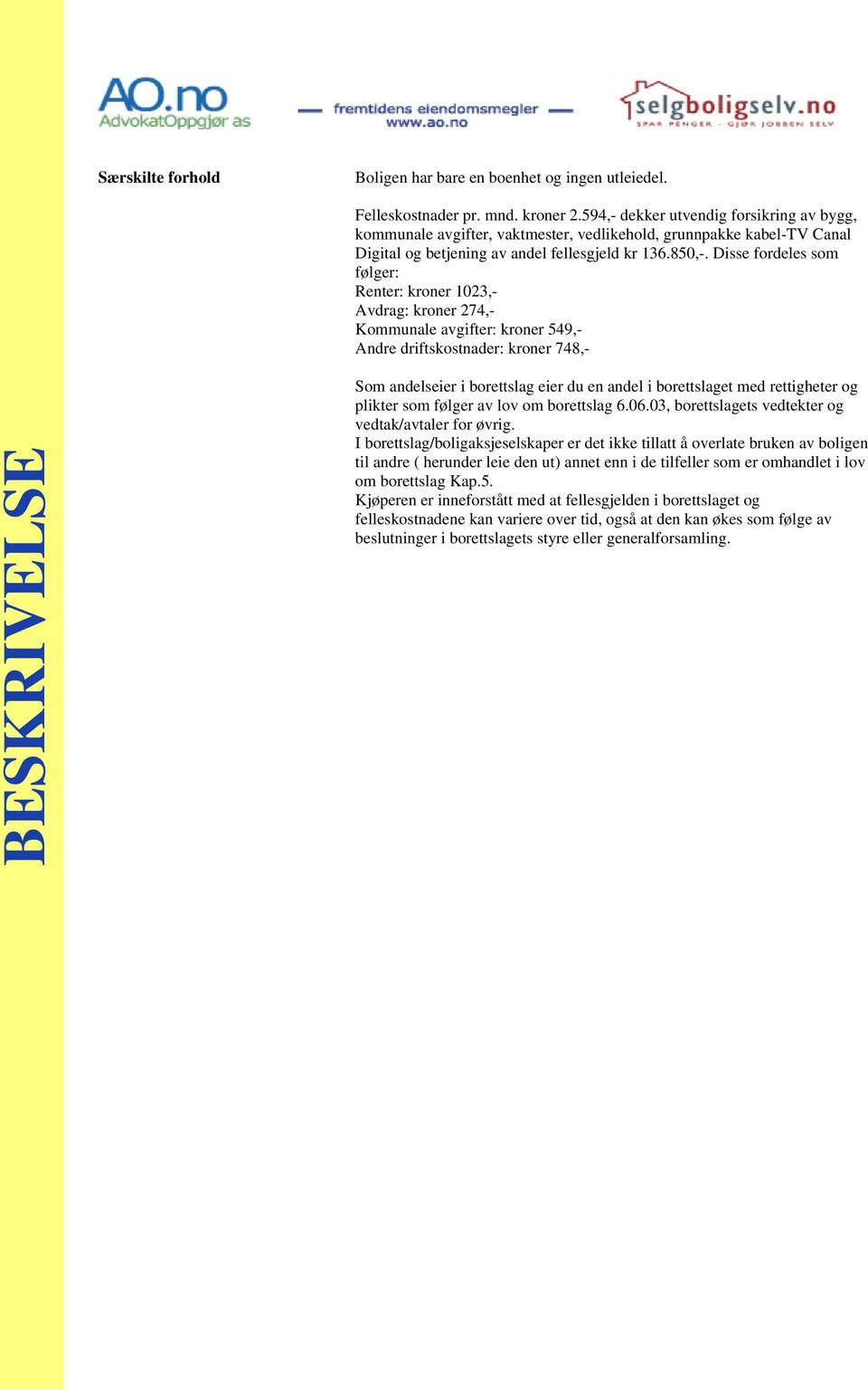 Disse fordeles som følger: Renter: kroner 1023,- Avdrag: kroner 274,- Kommunale avgifter: kroner 549,- Andre driftskostnader: kroner 748,- BESKRIVELSE Som andelseier i borettslag eier du en andel i