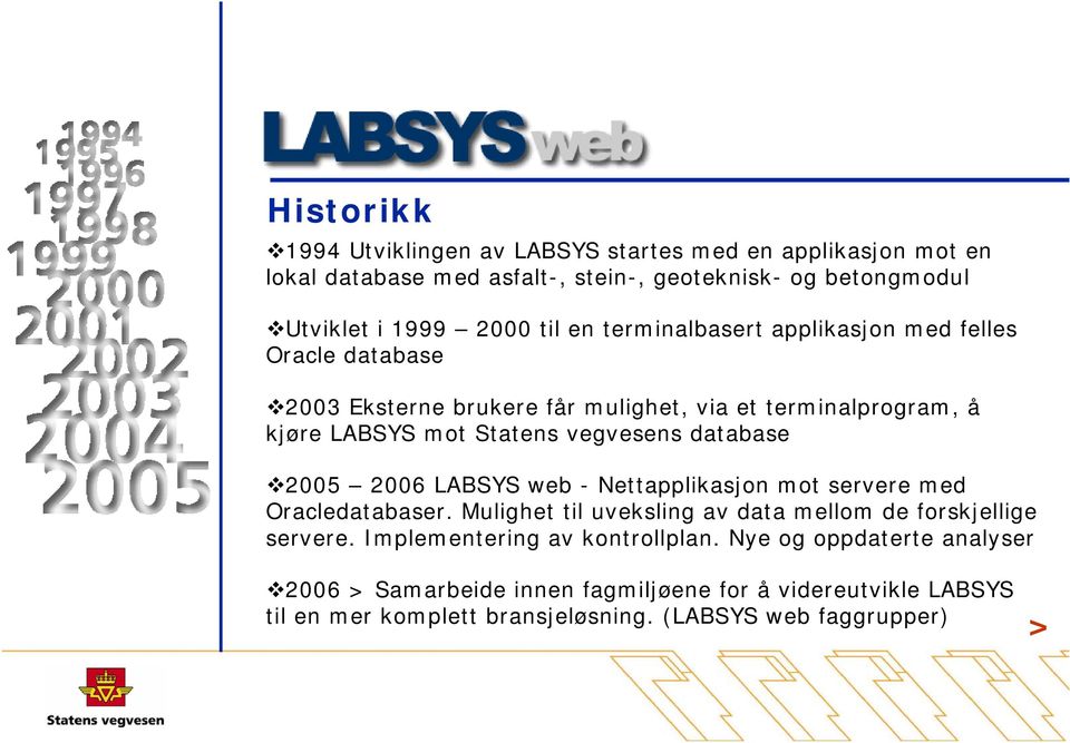 database 2005 2006 LABSYS web - Nettapplikasjon mot servere med Oracledatabaser. Mulighet til uveksling av data mellom de forskjellige servere.