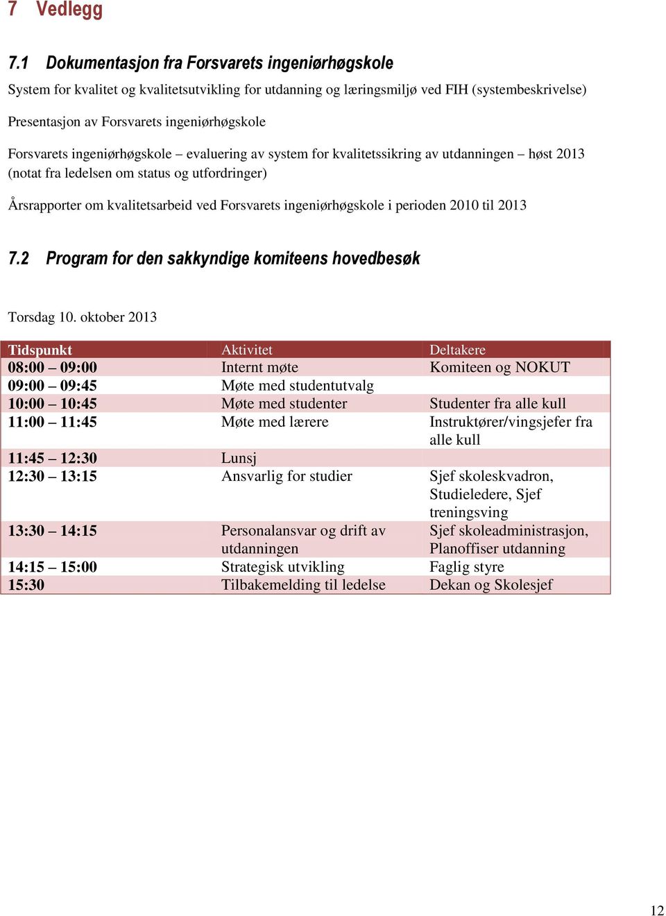 Forsvarets ingeniørhøgskole evaluering av system for kvalitetssikring av utdanningen høst 2013 (notat fra ledelsen om status og utfordringer) Årsrapporter om kvalitetsarbeid ved Forsvarets