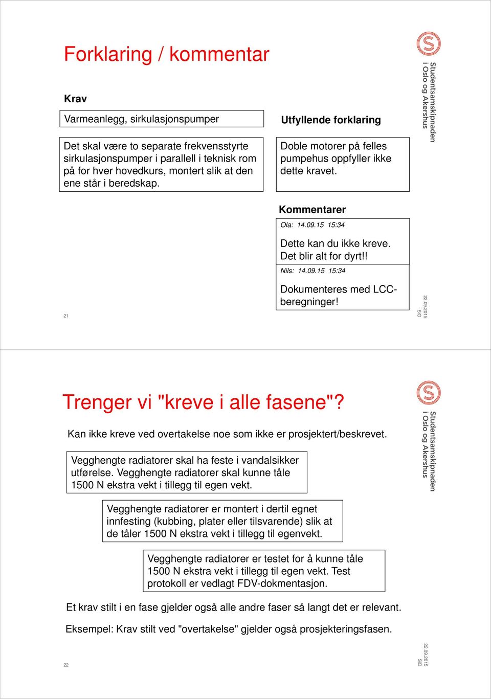 Trenger vi "kreve i alle fasene"? Kan ikke kreve ved overtakelse noe som ikke er prosjektert/beskrevet. Vegghengte radiatorer skal ha feste i vandalsikker utførelse.