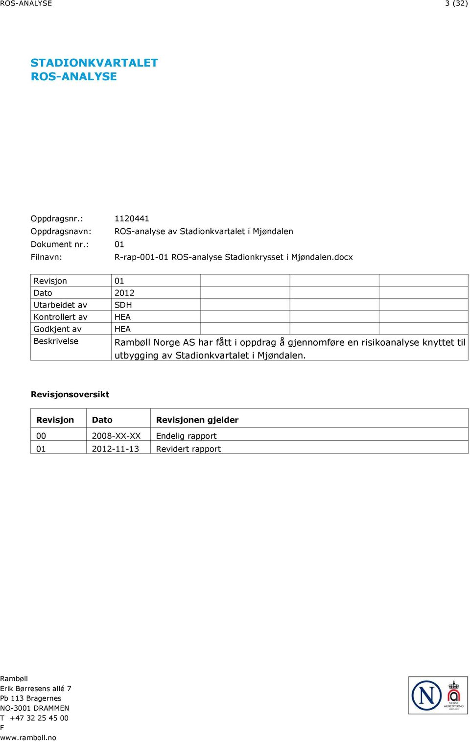 docx Revisjon 01 Dato 2012 Utarbeidet av Kontrollert av Godkjent av Beskrivelse SDH HEA HEA Norge AS har fått i oppdrag å gjennomføre en risikoanalyse