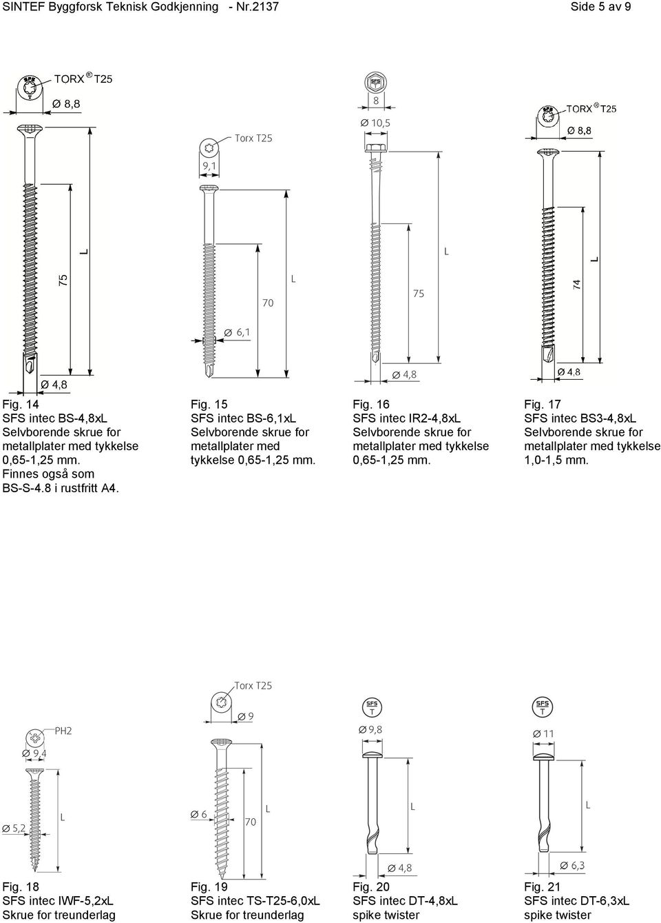 Fig. 17 BS3-4,8xL Selvborende skrue for metallplater med tykkelse 1,0-1,5 mm. Fig. 18 IWF-5,2xL Skrue for treunderlag Fig.