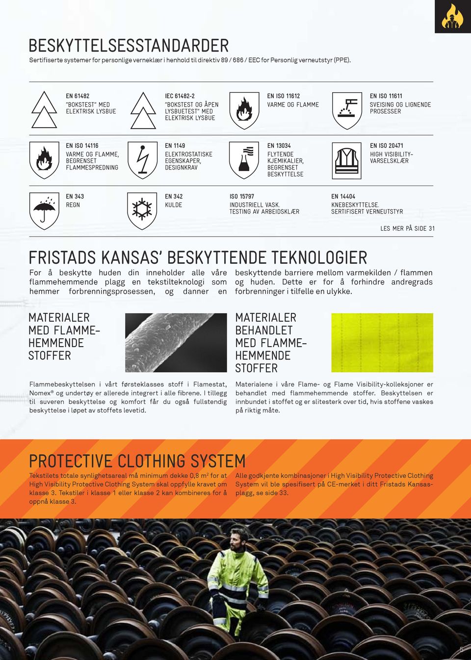 begrenset flammespredning EN 1149 Elektrostatiske egenskaper, designkrav EN 104 Flytende kjemikalier, begrenset beskyttelse EN ISO 0471 High Visibilityvarselsklær EN 4 Regn EN 4 kulde ISO 15797