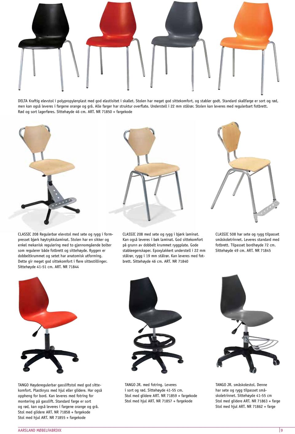 Rød og sort lagerføres. Sittehøyde 46 cm. ART. NR 71850 + fargekode CLASSIC 208 Regulerbar elevstol med sete og rygg i formpresset bjørk høytrykkslaminat.