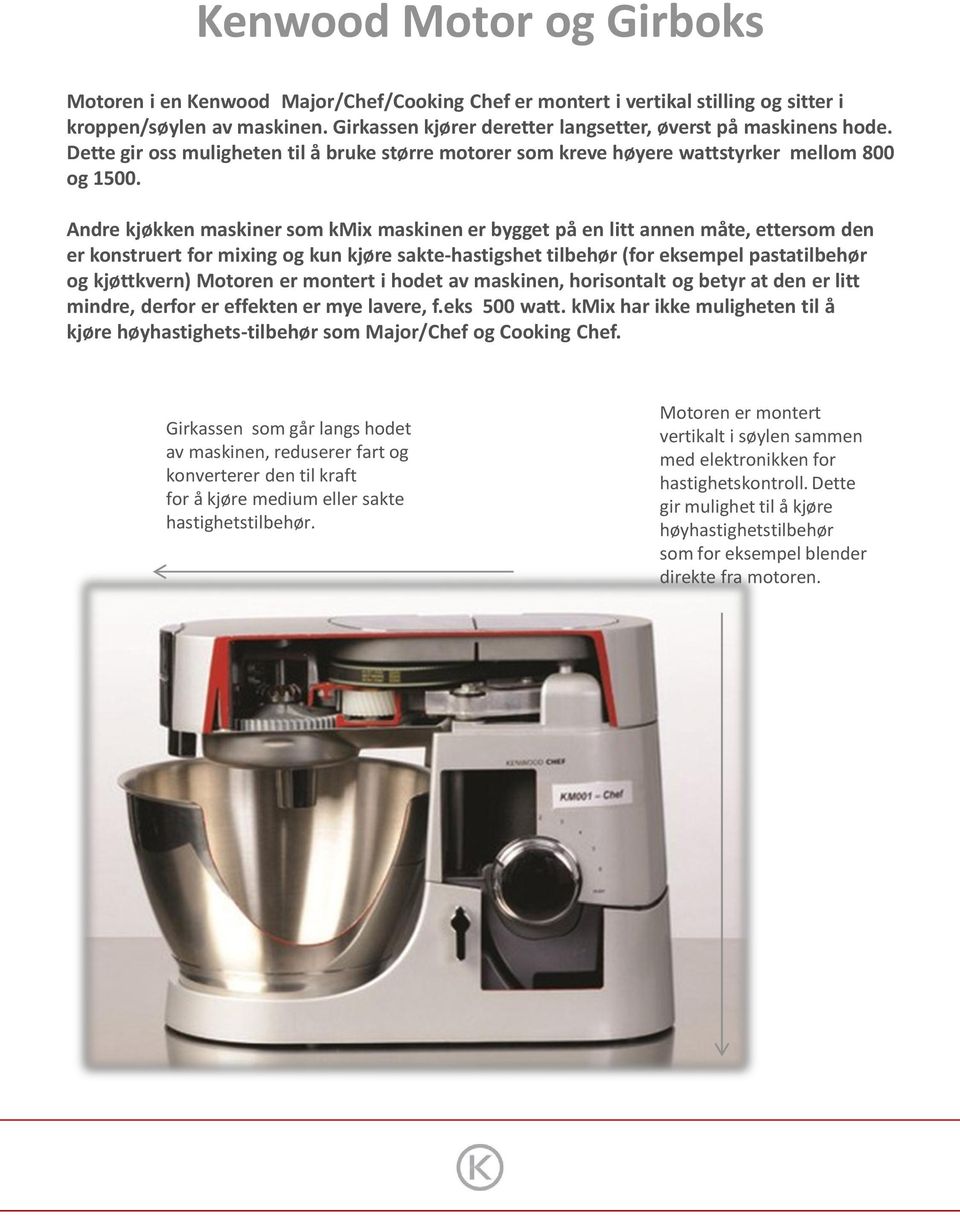 Andre kjøkken maskiner som kmix maskinen er bygget på en litt annen måte, ettersom den er konstruert for mixing og kun kjøre sakte-hastigshet tilbehør (for eksempel pastatilbehør og kjøttkvern)