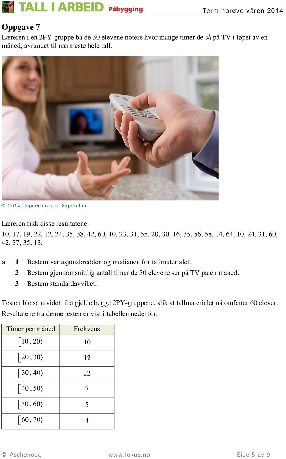 1 Bestem vrisjonsreen og meinen for tllmterilet. Bestem gjennomsnittlig ntll timer e 30 elevene ser på TV på en måne. 3 Bestem stnrvviket.