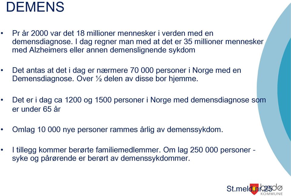 000 personer i Norge med en Demensdiagnose. Over ½ delen av disse bor hjemme.