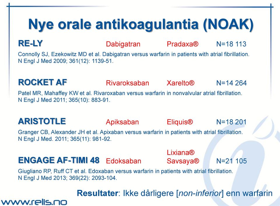 N Engl J Med 2011; 365(10): 883-91. ARISTOTLE Apiksaban Eliquis N=18 201 Granger CB, Alexander JH et al. Apixaban versus warfarin in patients with atrial fibrillation. N Engl J Med.