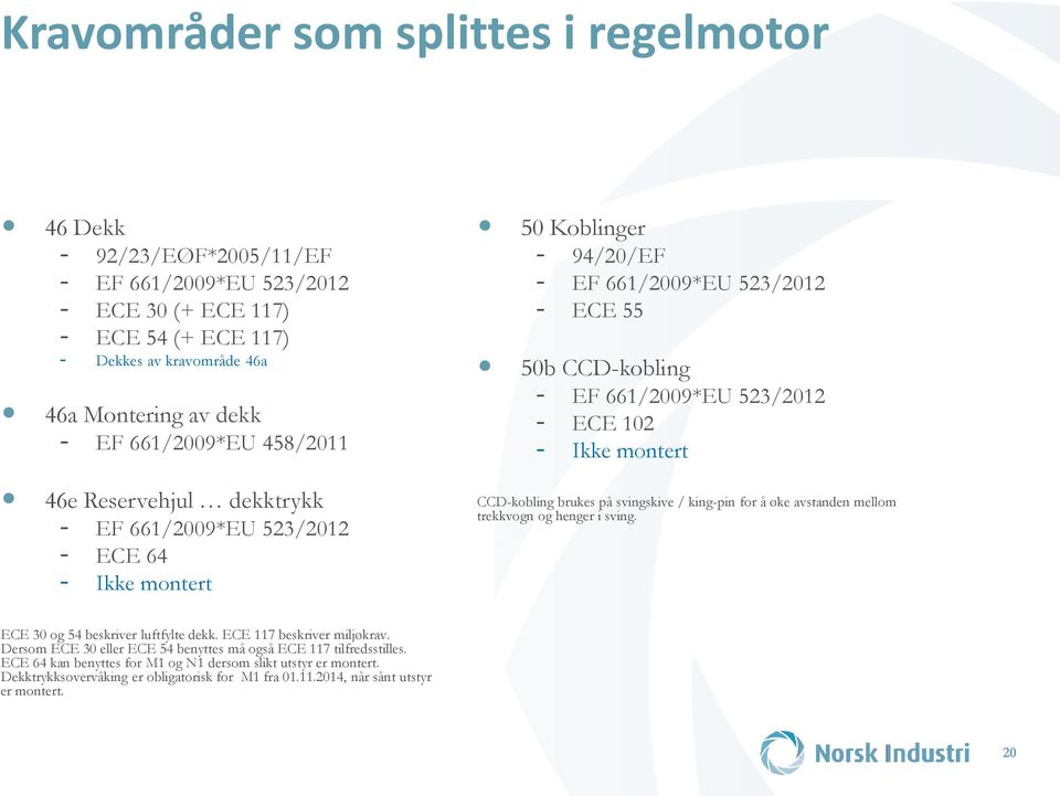 ECE 102 - Ikke montert CCD-kobling brukes på svingskive / king-pin for å øke avstanden mellom trekkvogn og henger i sving. ECE 30 og 54 beskriver luftfylte dekk. ECE 117 beskriver miljøkrav.