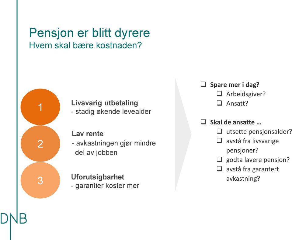 mindre del av jobben Uforutsigbarhet - garantier koster mer Spare mer i dag?