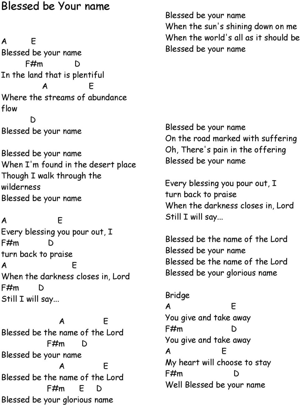 .. E Blessed be the name of the Lord F#m Blessed be your name E Blessed be the name of the Lord F#m E Blessed be your glorious name Blessed be your name When the sun's shining down on me When the