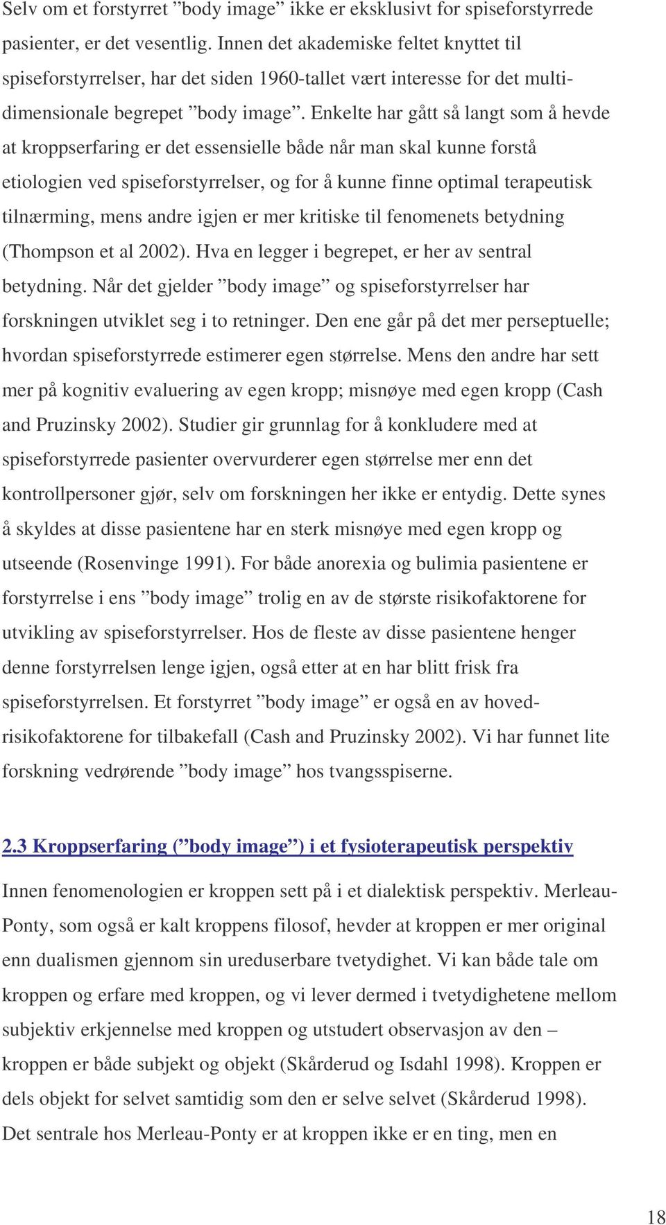 Enkelte har gått så langt som å hevde at kroppserfaring er det essensielle både når man skal kunne forstå etiologien ved spiseforstyrrelser, og for å kunne finne optimal terapeutisk tilnærming, mens