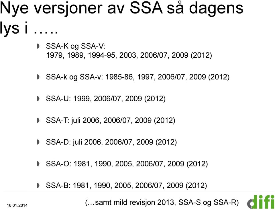 2006/07, 2009 (2012) SSA-U: 1999, 2006/07, 2009 (2012) SSA-T: juli 2006, 2006/07, 2009 (2012) SSA-D: