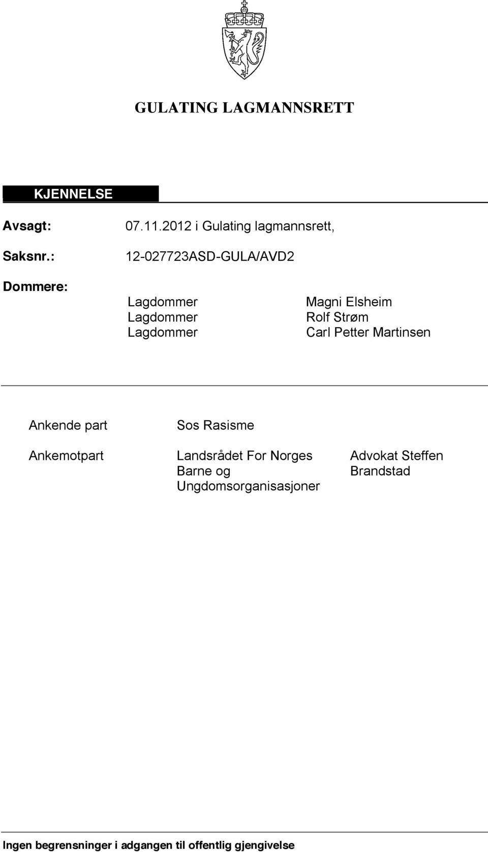 Strøm Carl Petter Martinsen Ankende part Sos Rasisme Ankemotpart Landsrådet For