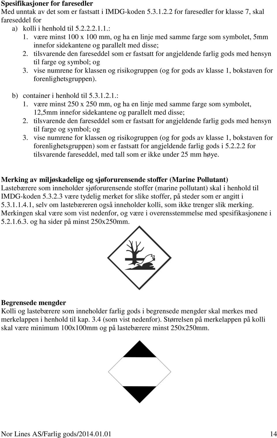 tilsvarende den fareseddel som er fastsatt for angjeldende farlig gods med hensyn til farge og symbol; og 3.