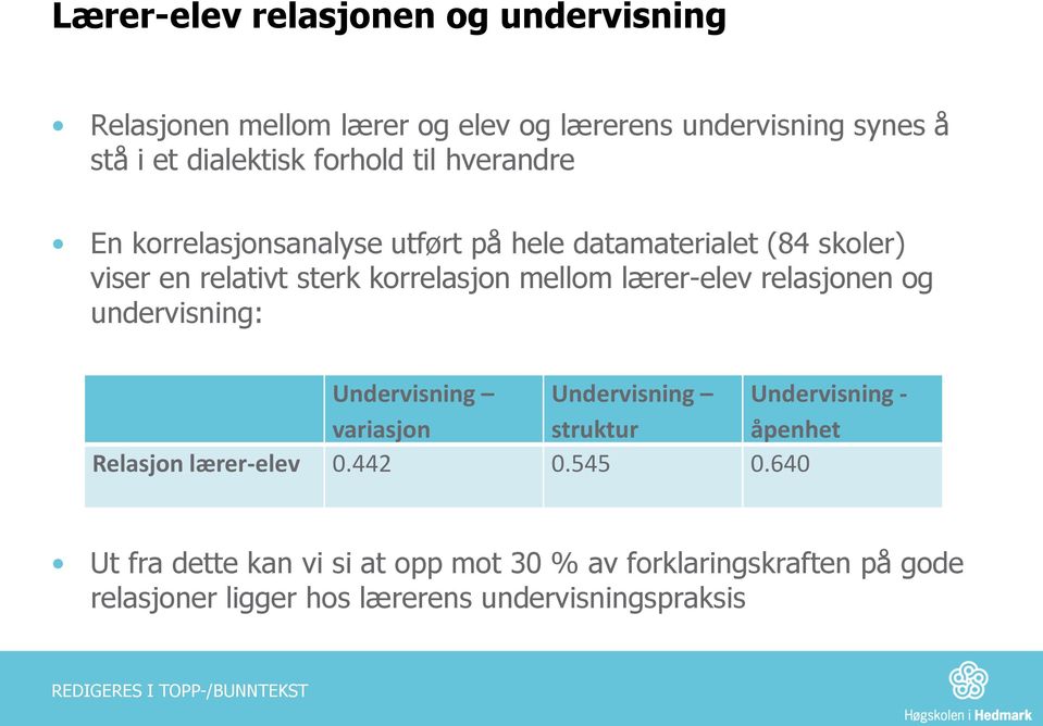 lærer-elev relasjonen og undervisning: Undervisning Undervisning Undervisning - variasjon struktur åpenhet Relasjon lærer-elev 0.