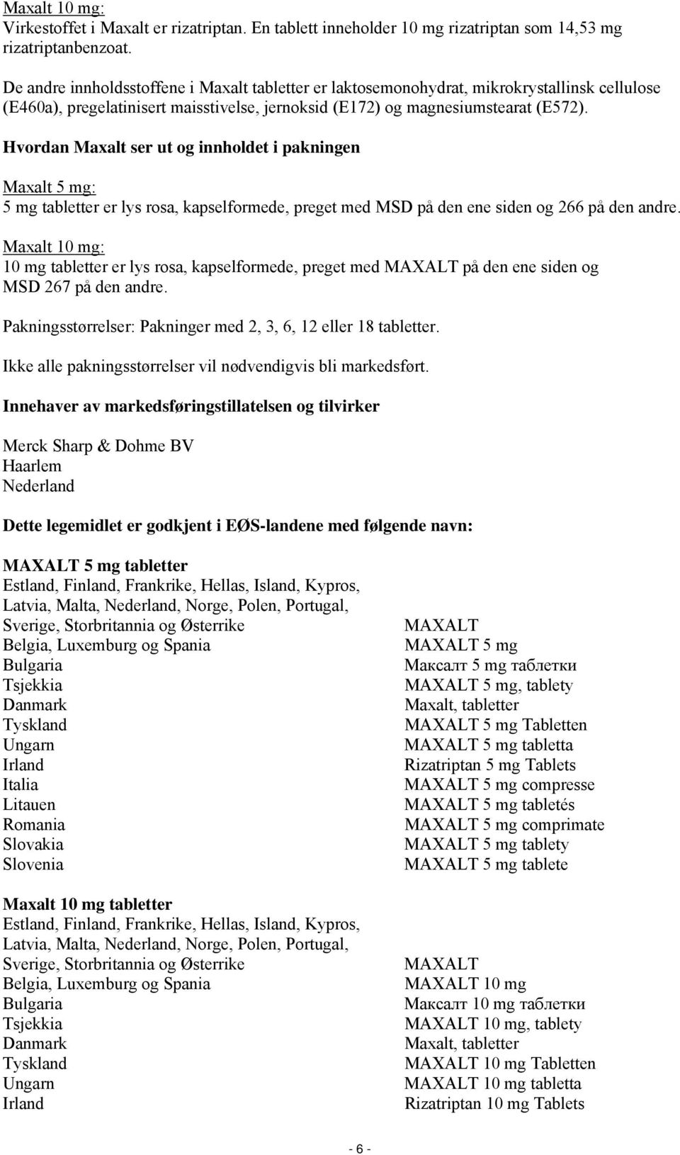 Hvordan Maxalt ser ut og innholdet i pakningen Maxalt 5 mg: 5 mg tabletter er lys rosa, kapselformede, preget med MSD på den ene siden og 266 på den andre.