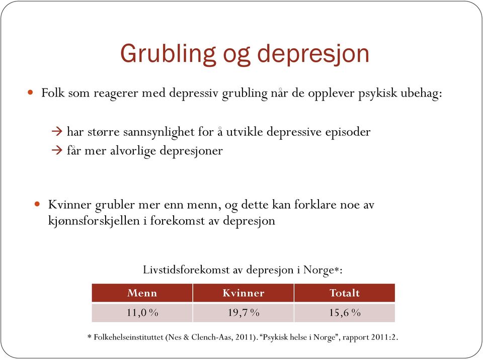dette kan forklare noe av kjønnsforskjellen i forekomst av depresjon Livstidsforekomst av depresjon i Norge*: