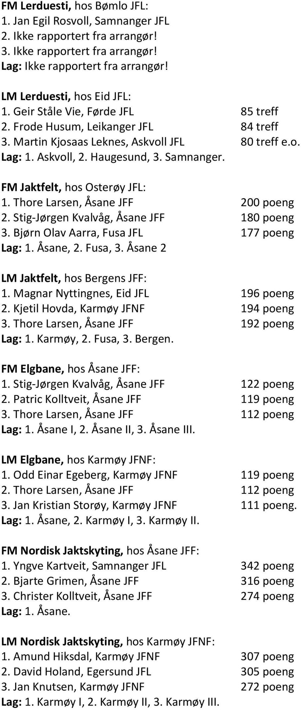 FM Jaktfelt, hos Osterøy JFL: 1. Thore Larsen, Åsane JFF 200 poeng 2. Stig-Jørgen Kvalvåg, Åsane JFF 180 poeng 3. Bjørn Olav Aarra, Fusa JFL 177 poeng Lag: 1. Åsane, 2. Fusa, 3.