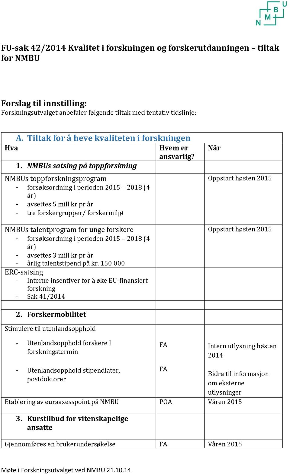 NMBUs satsing på toppforskning NMBUs toppforskningsprogram - forsøksordning i perioden 2015 2018 (4 år) - avsettes 5 mill kr pr år - tre forskergrupper/ forskermiljø NMBUs talentprogram for unge