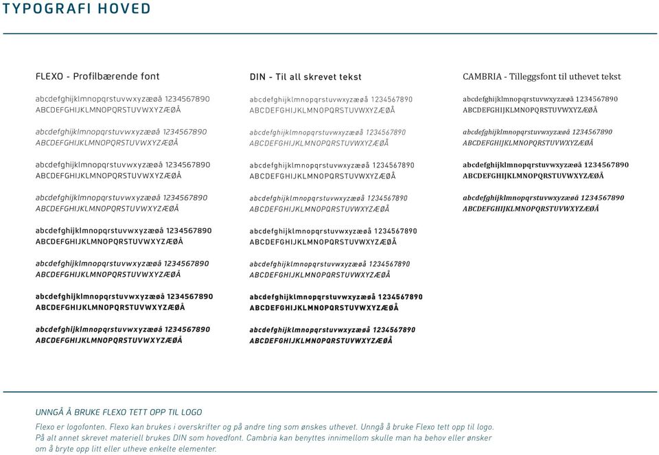 Flexo kan brukes i overskrifter og på andre ting som ønskes uthevet. Unngå å bruke Flexo tett opp til logo.