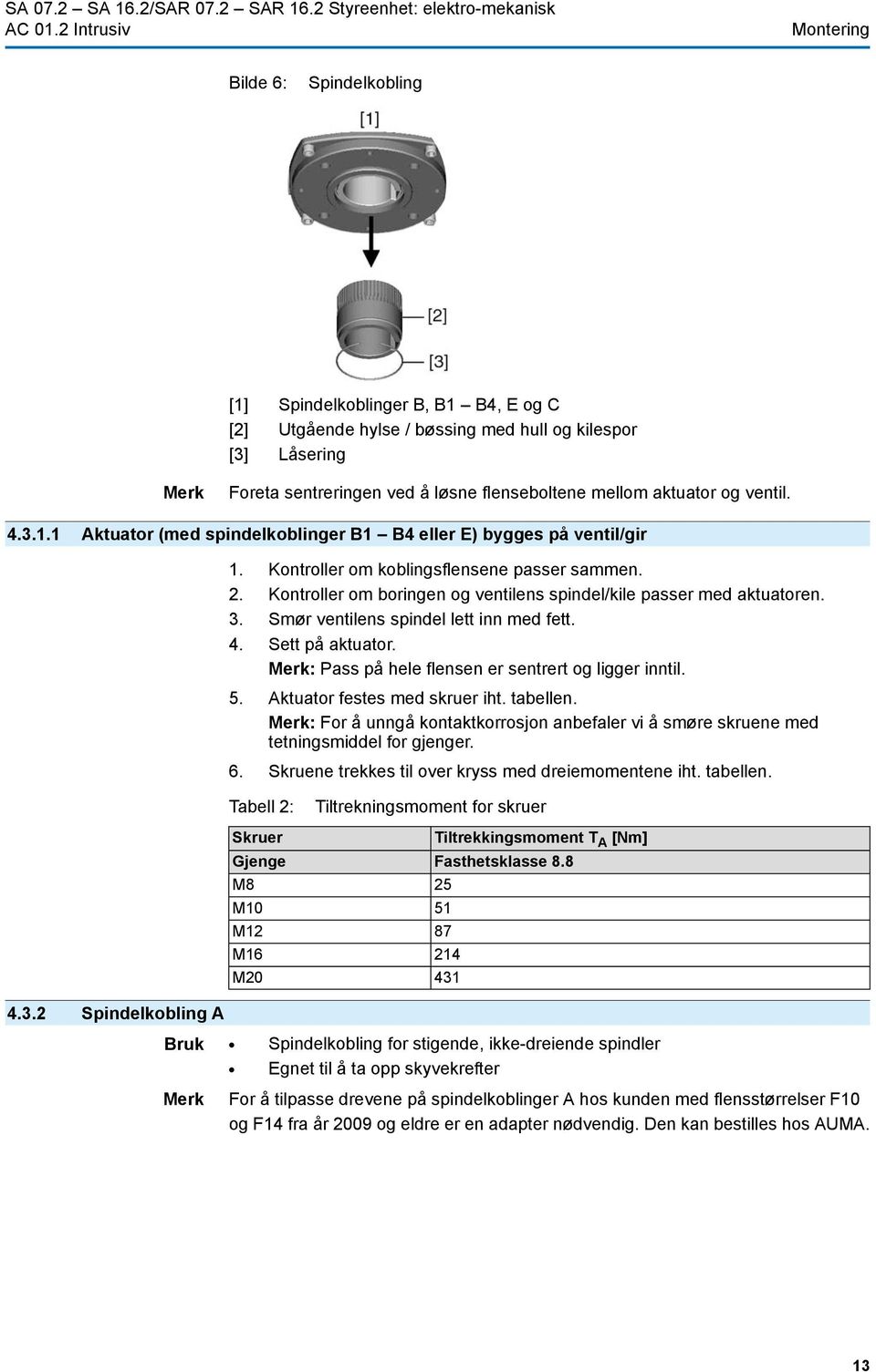 løsne flenseboltene mellom aktuator og ventil. 4.3.1.1 Aktuator (med spindelkoblinger B1 B4 eller E) bygges på ventil/gir 1. Kontroller om koblingsflensene passer sammen. 2.