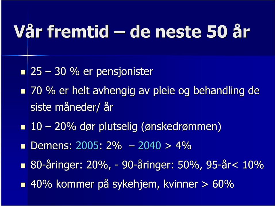 plutselig (ønskedr( nskedrømmen) Demens: 2005: : 2% 2040 > 4%