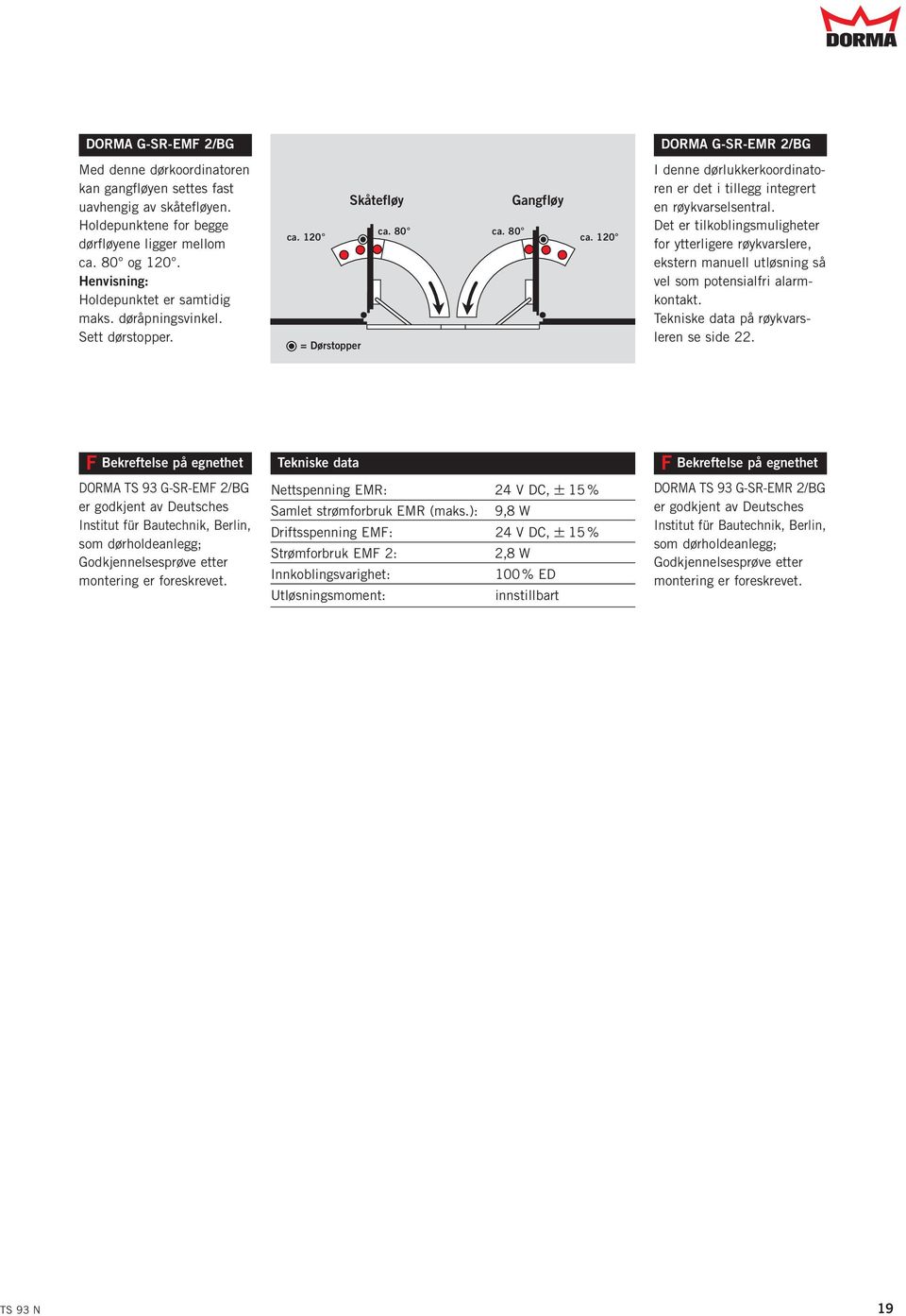 120 = Dørstopper DORMA G-SR-EMR 2/BG I denne dørlukkerkoordinatoren er det i tillegg integrert en røykvarselsentral.