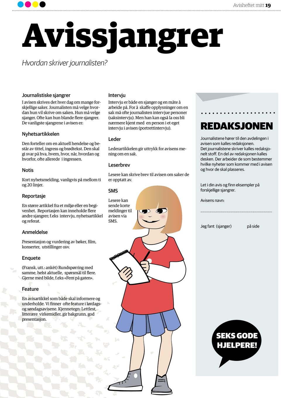 Den skal gi svar på hva, hvem, hvor, når, hvordan og hvorfor, ofte allerede i ingressen. Notis Kort nyhetsmelding, vanligvis på mellom ti og 20 linjer.