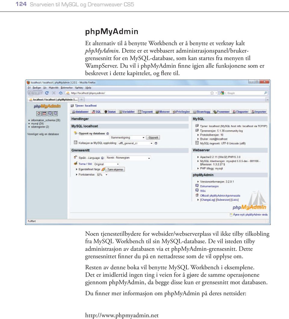 Du vil i phpmyadmin finne igjen alle funksjonene som er beskrevet i dette kapittelet, og flere til.