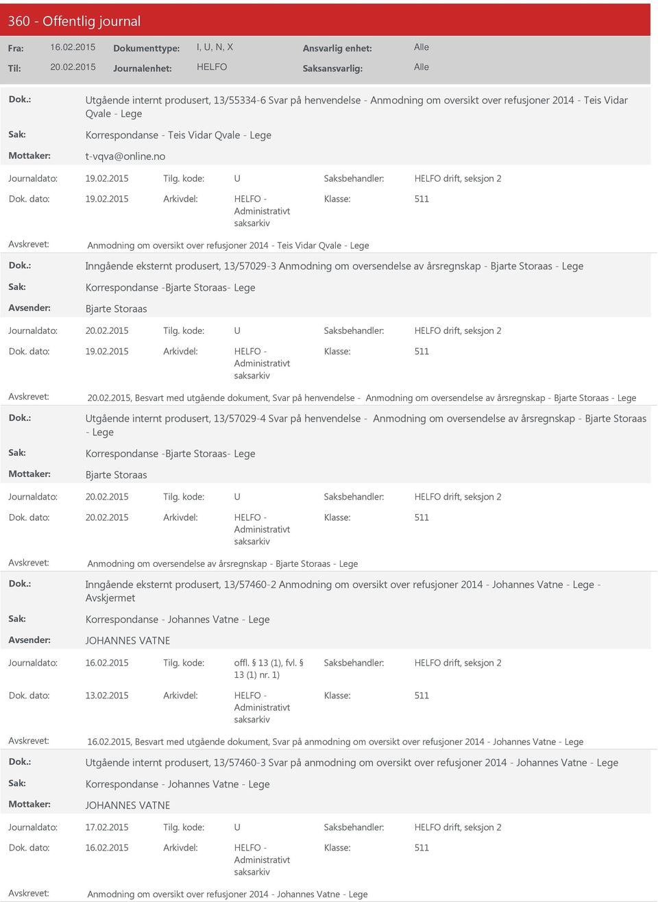 2015 Arkivdel: - Anmodning om oversikt over refusjoner 2014 - Teis Vidar Qvale - Lege Inngående eksternt produsert, 13/57029-3 Anmodning om oversendelse av årsregnskap - Bjarte Storaas - Lege