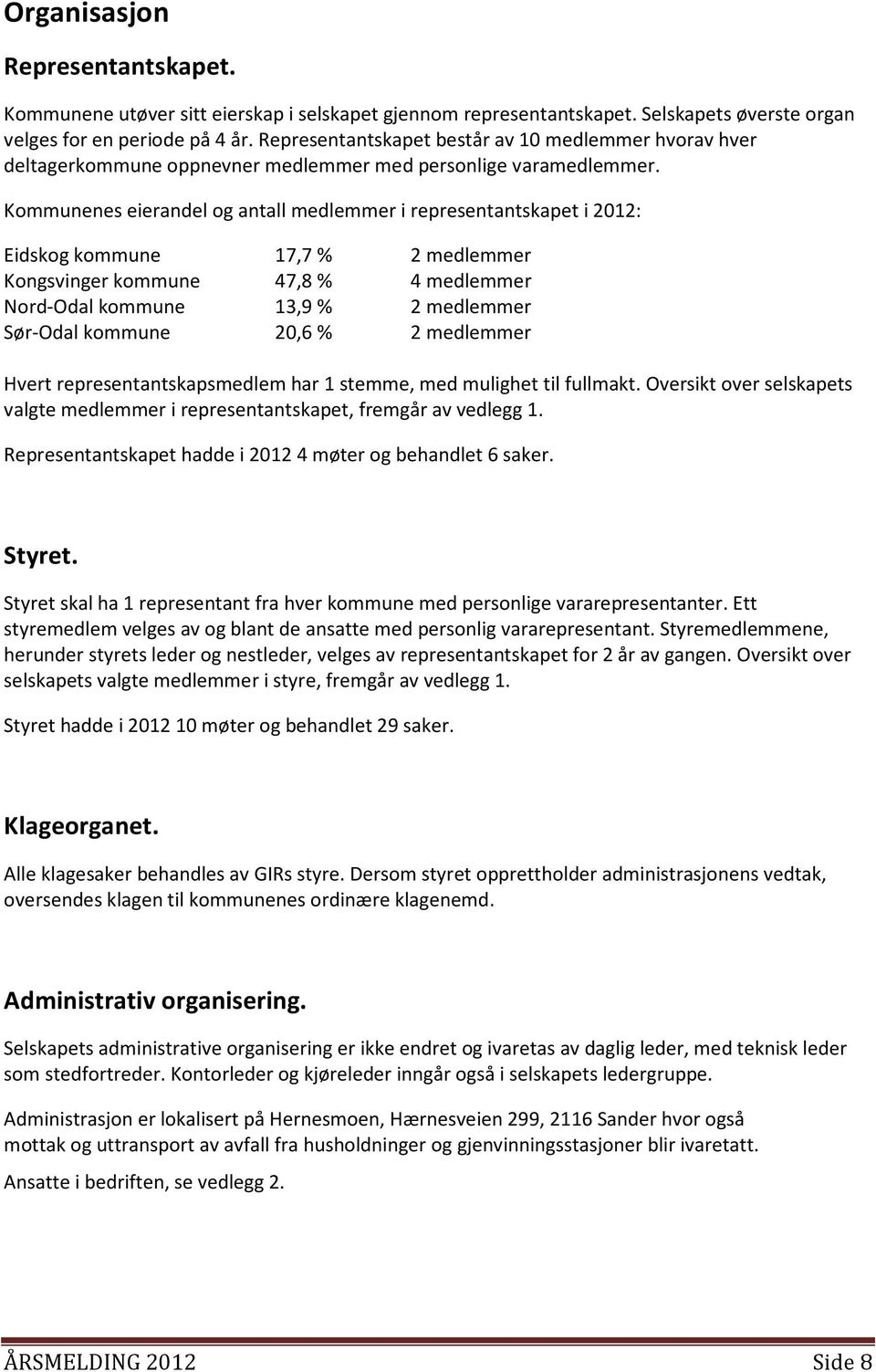Kommunenes eierandel og antall medlemmer i representantskapet i 2012: Eidskog kommune 17,7 % 2 medlemmer Kongsvinger kommune 47,8 % 4 medlemmer Nord-Odal kommune 13,9 % 2 medlemmer Sør-Odal kommune