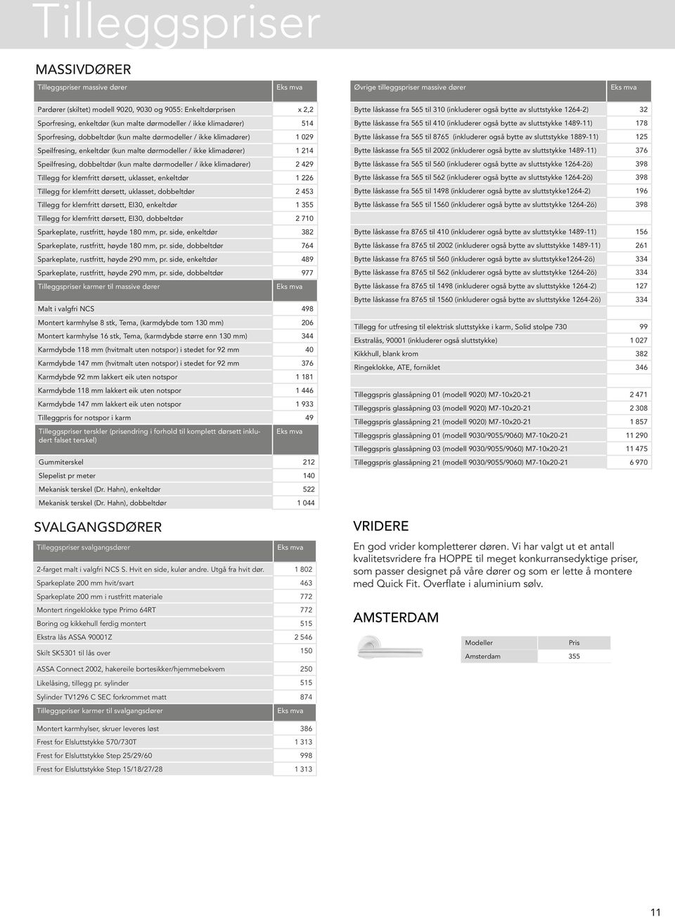 Speilfresing, dobbeltdør (kun malte dørmodeller / ikke klimadører) 2 429 Tillegg for klemfritt dørsett, uklasset, enkeltdør 1 226 Tillegg for klemfritt dørsett, uklasset, dobbeltdør 2 453 Tillegg for