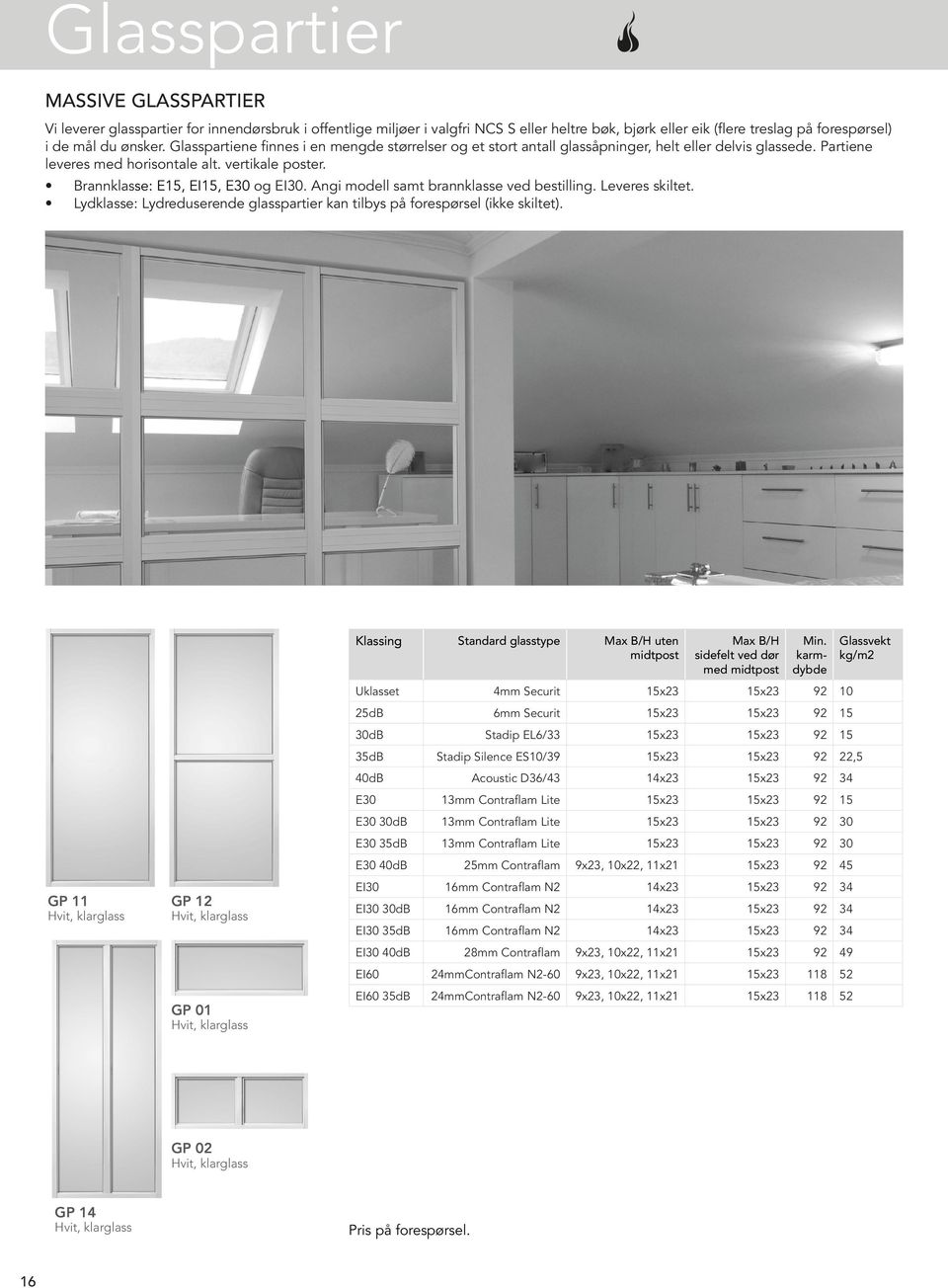 Angi modell samt brannklasse ved bestilling. Leveres skiltet. Lydklasse: Lydreduserende glasspartier kan tilbys på forespørsel (ikke skiltet).