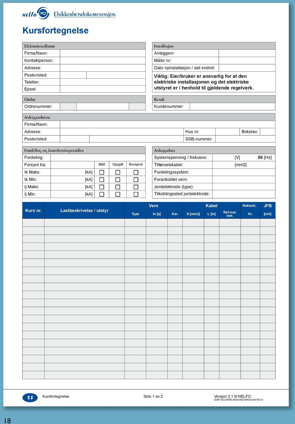 Kunde Kundenummer: Anleggsadresse Firma/Navn: Adresse: Hus nr: Bokstav: Postnr/sted: SSB-nummer: Fordeling og kortslutningsverdier Fordeling: Forsynt fra: Målt Oppgitt Beregnet Ik Maks: [ka] n n n Ik