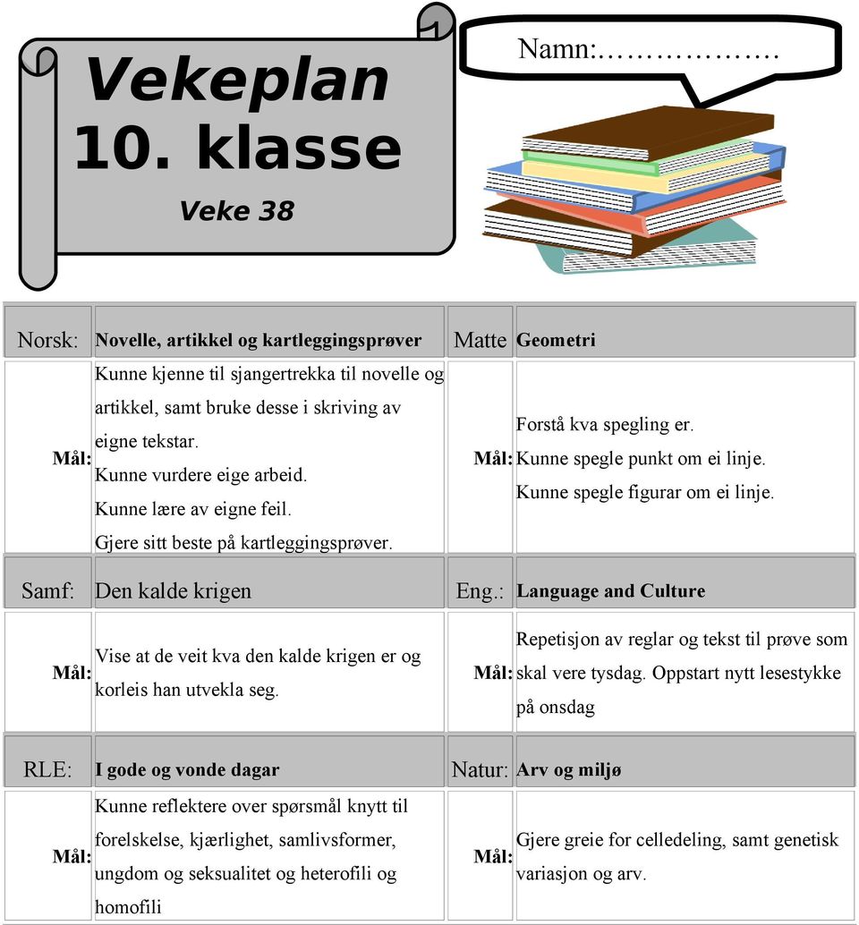 Kunne spegle figurar om ei linje. Samf: Den kalde krigen Eng.: Language and Culture Vise at de veit kva den kalde krigen er og Mål: korleis han utvekla seg.